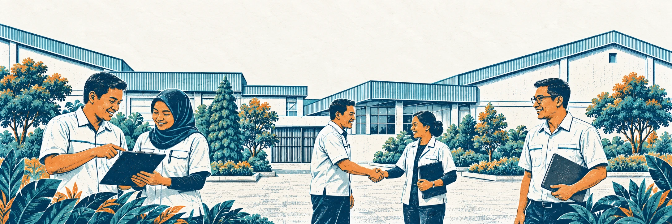 Ilustrasi konseptual rekan kerja berdiskusi di area pabrik PT. SIAP